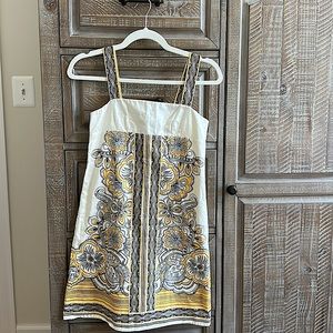 Loft petite yellow brown white pattern shift dress
